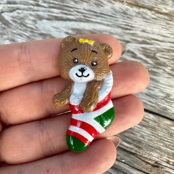 Vintage Jewelry Bear in Stocking Brooch Christmas Pin - Picture 1 of 2